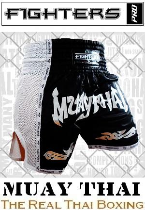 FIGHTERS - Thai Boxing Shorts / Elite Muay Thai / Black-White / Medium