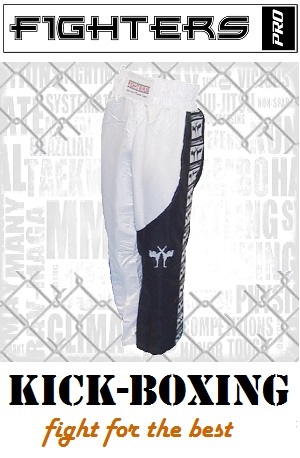FIGHTERS - Pantalon de Kick-boxing / Satiné / Blanc-Noir / Large